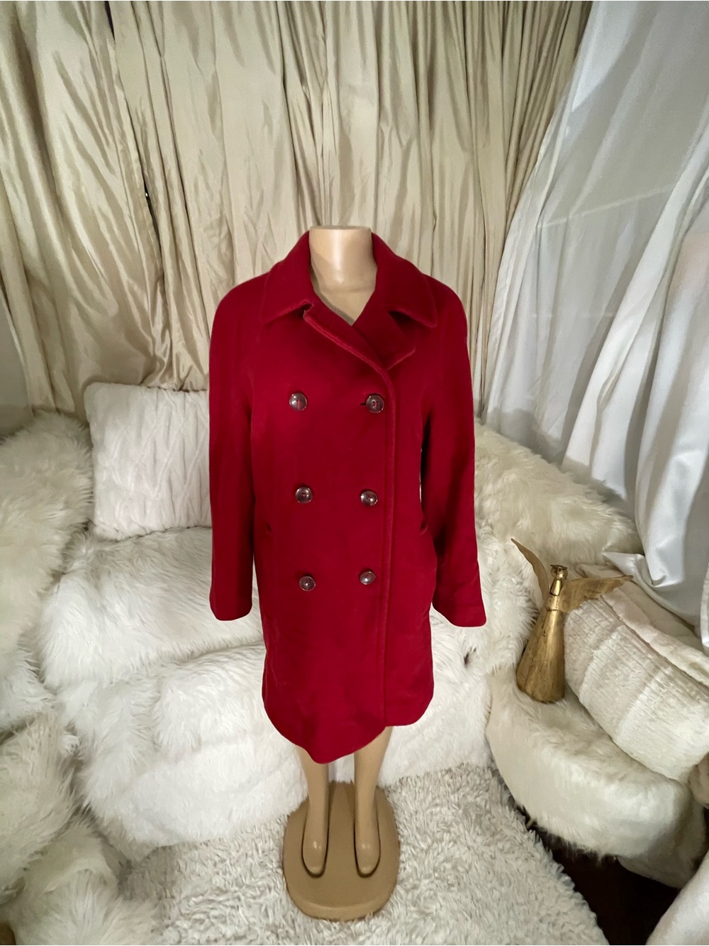 Anne Klein Red Double-Breasted Pea Coat